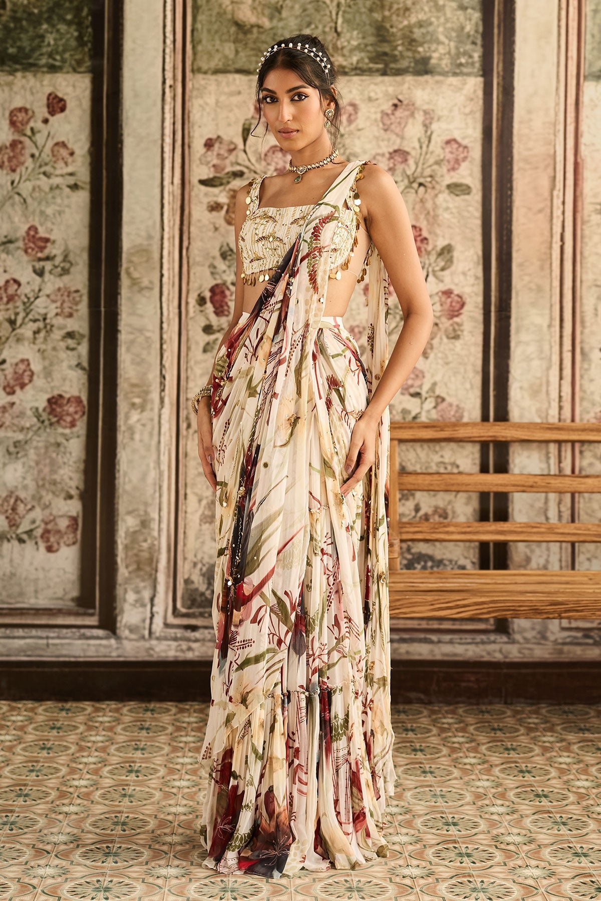Ivory Floral Print And Highlighted Skirt Saree Set