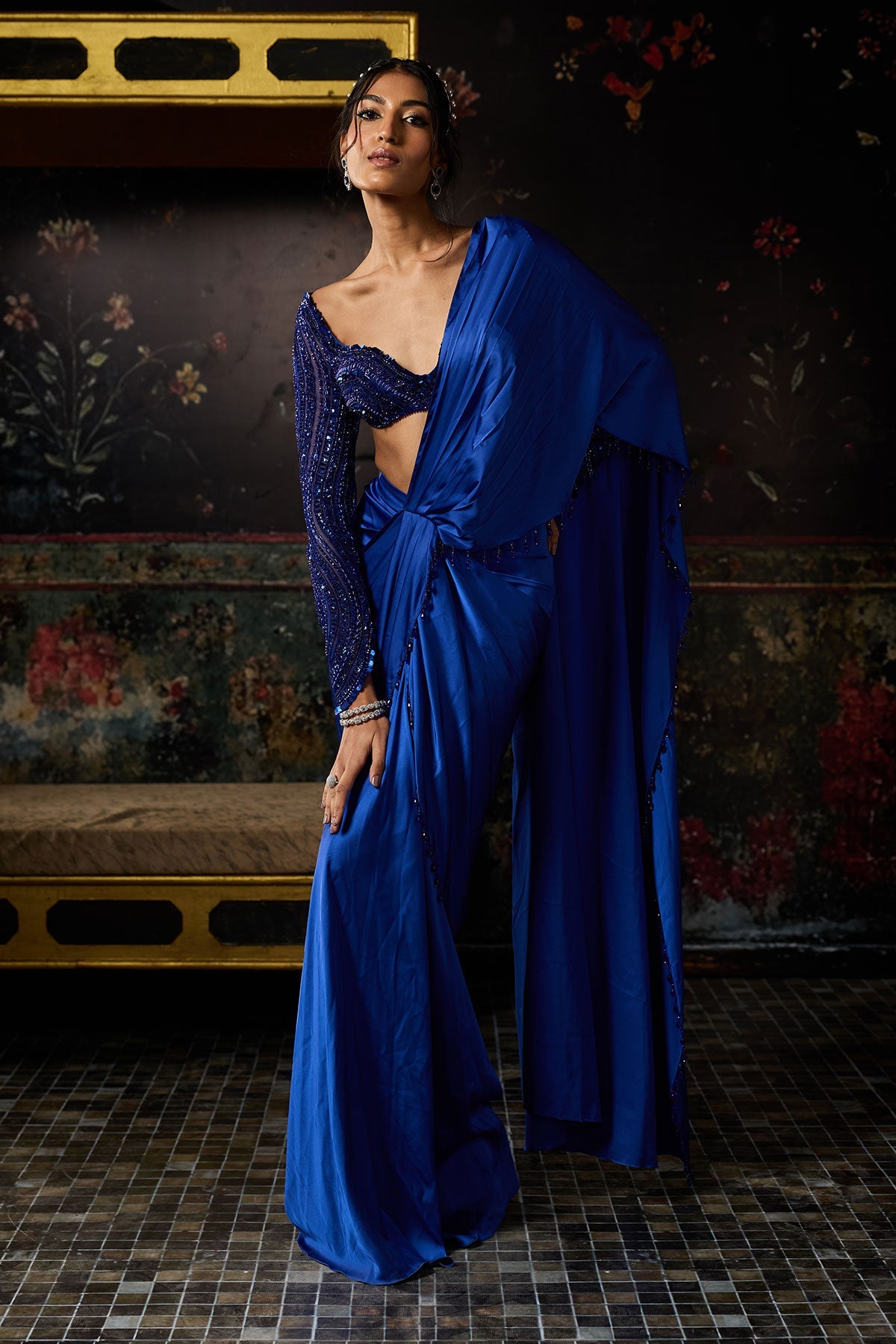 Electric Blue Embellished Dhoti Skirt Saree Set