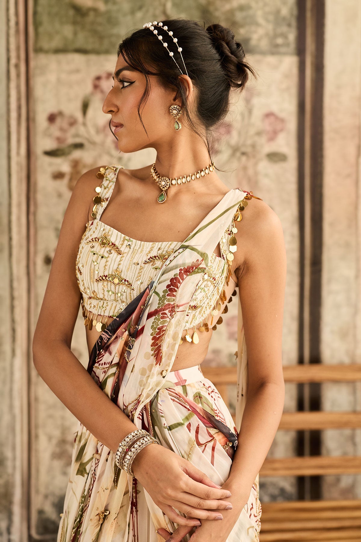 Ivory Floral Print And Highlighted Skirt Saree Set