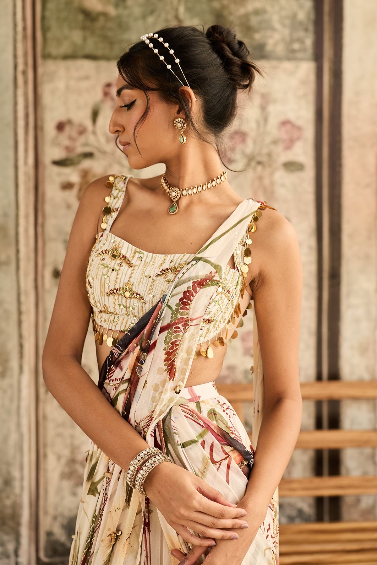 Ivory Floral Print And Highlighted Skirt Saree Set