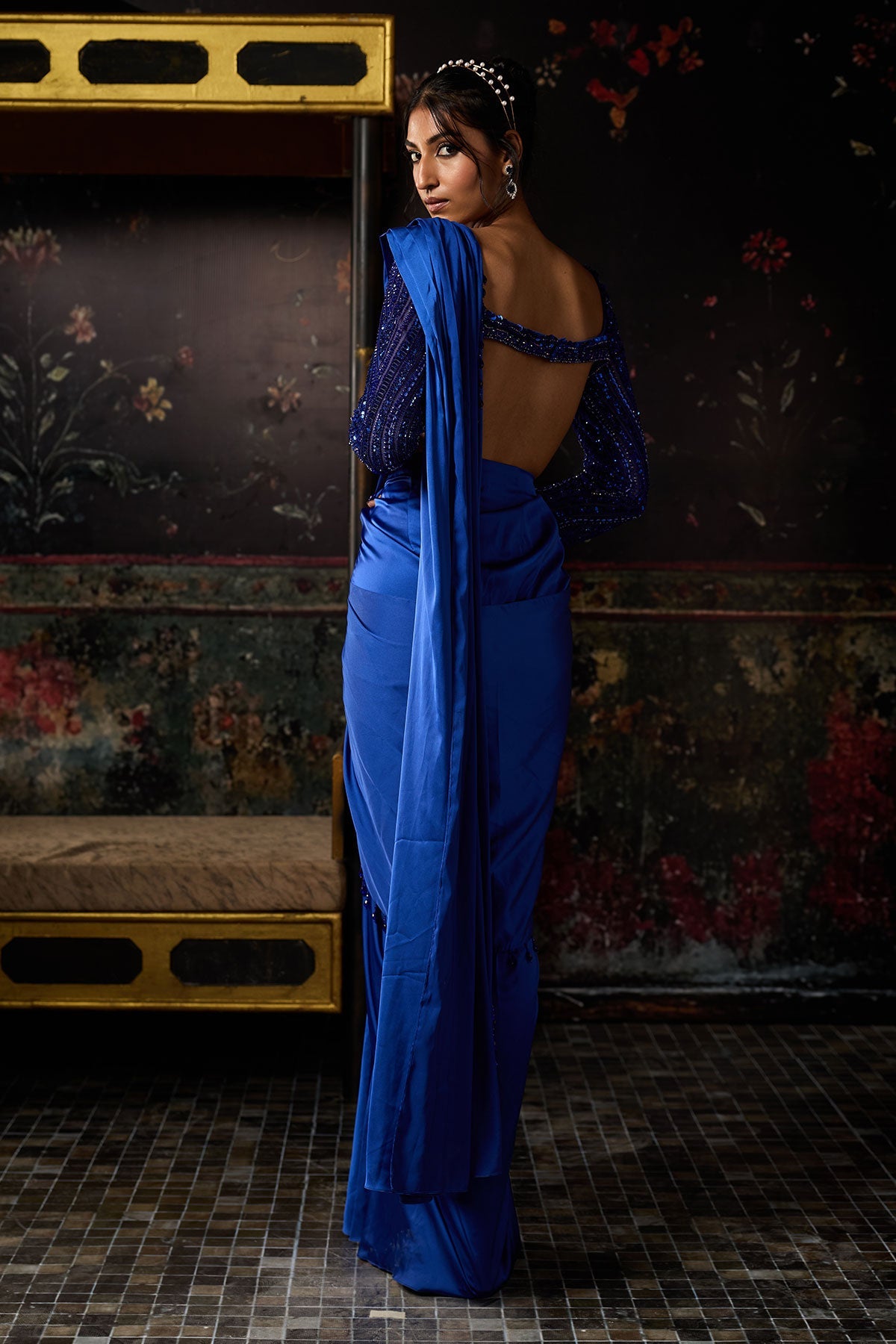 Electric Blue Embellished Dhoti Skirt Saree Set