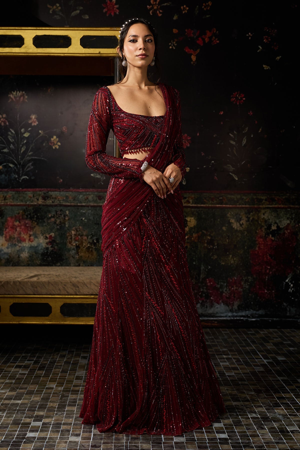 Maroon Embellished Mermaid Skirt Saree Set