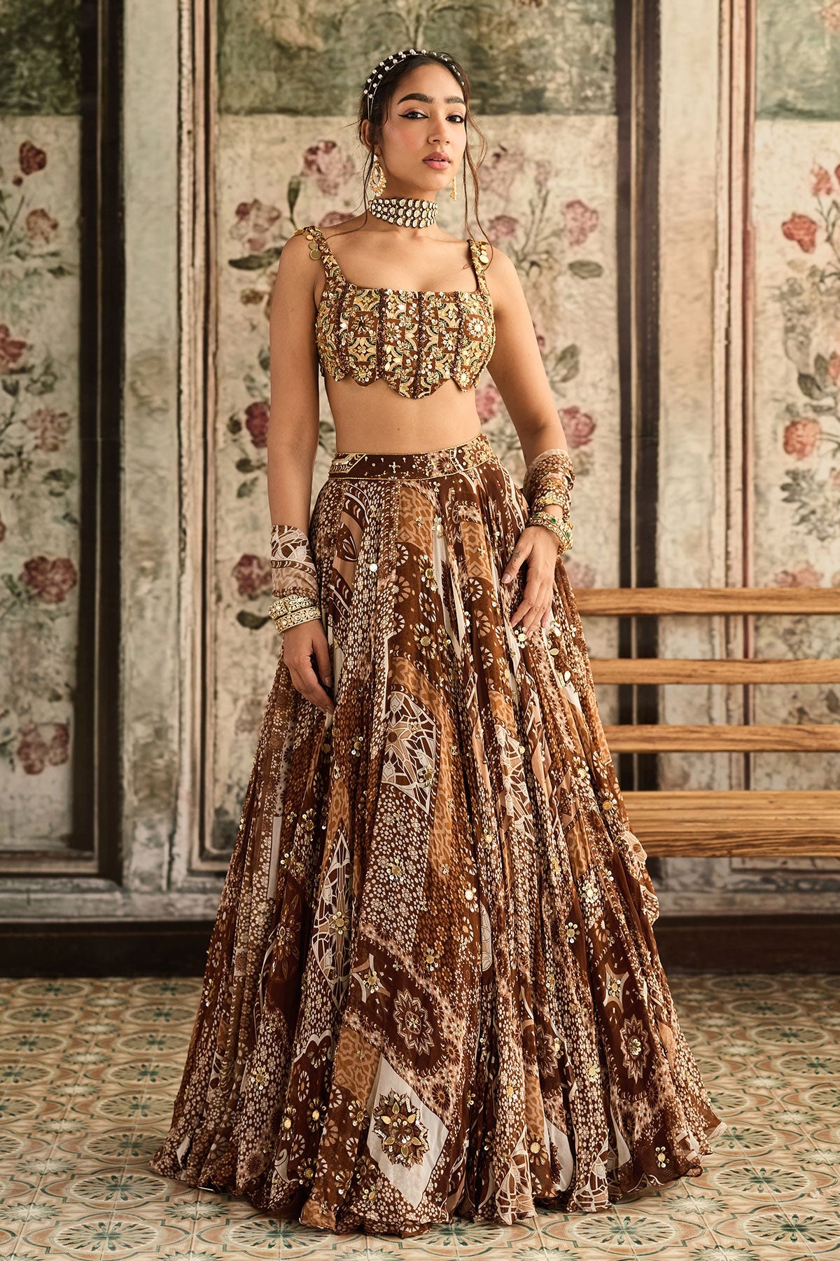 Caramel Print And Highlighted Scallop Blouse Lehenga Set