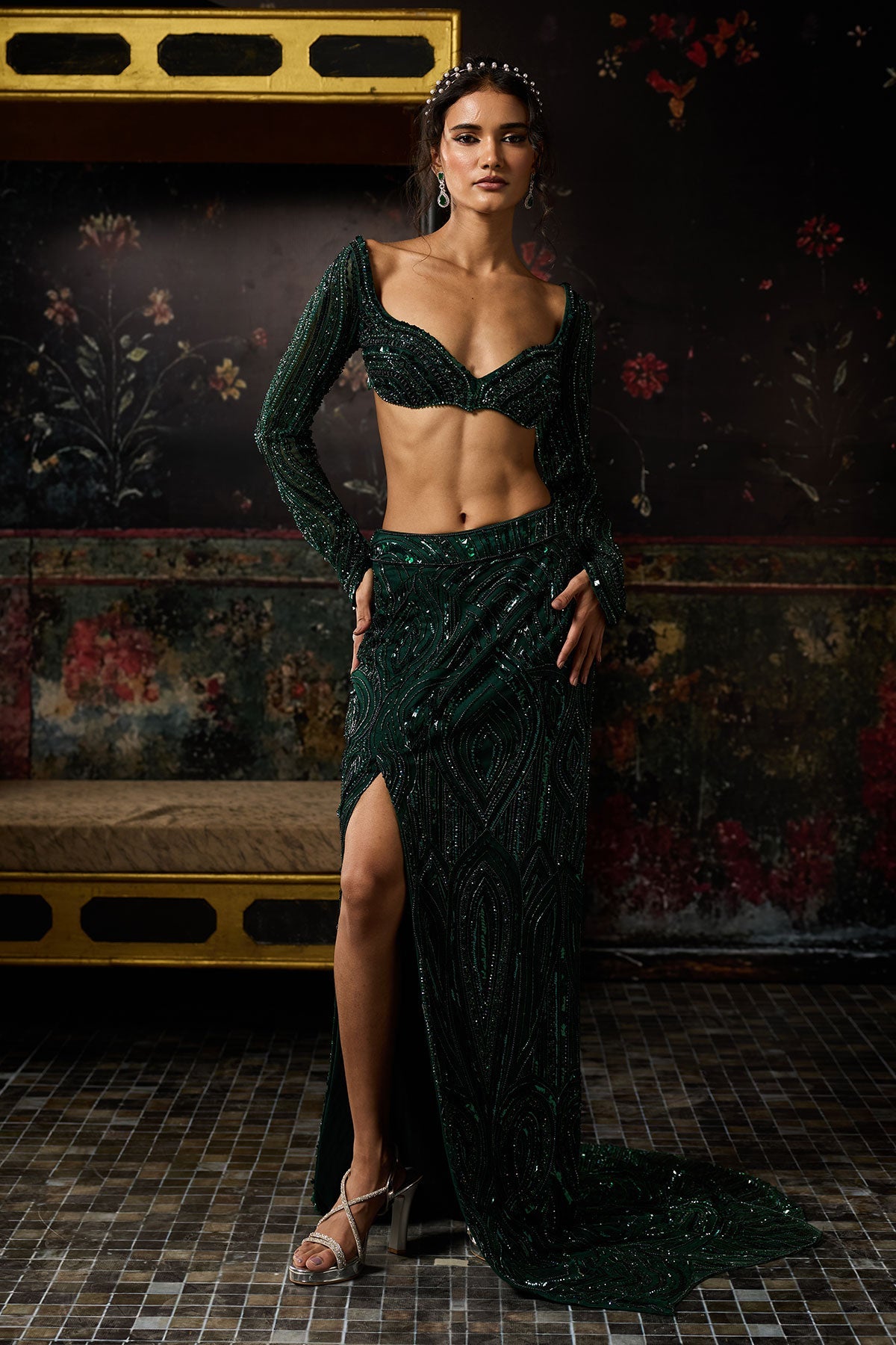 Emerald Green Embellished Slit Skirt Set