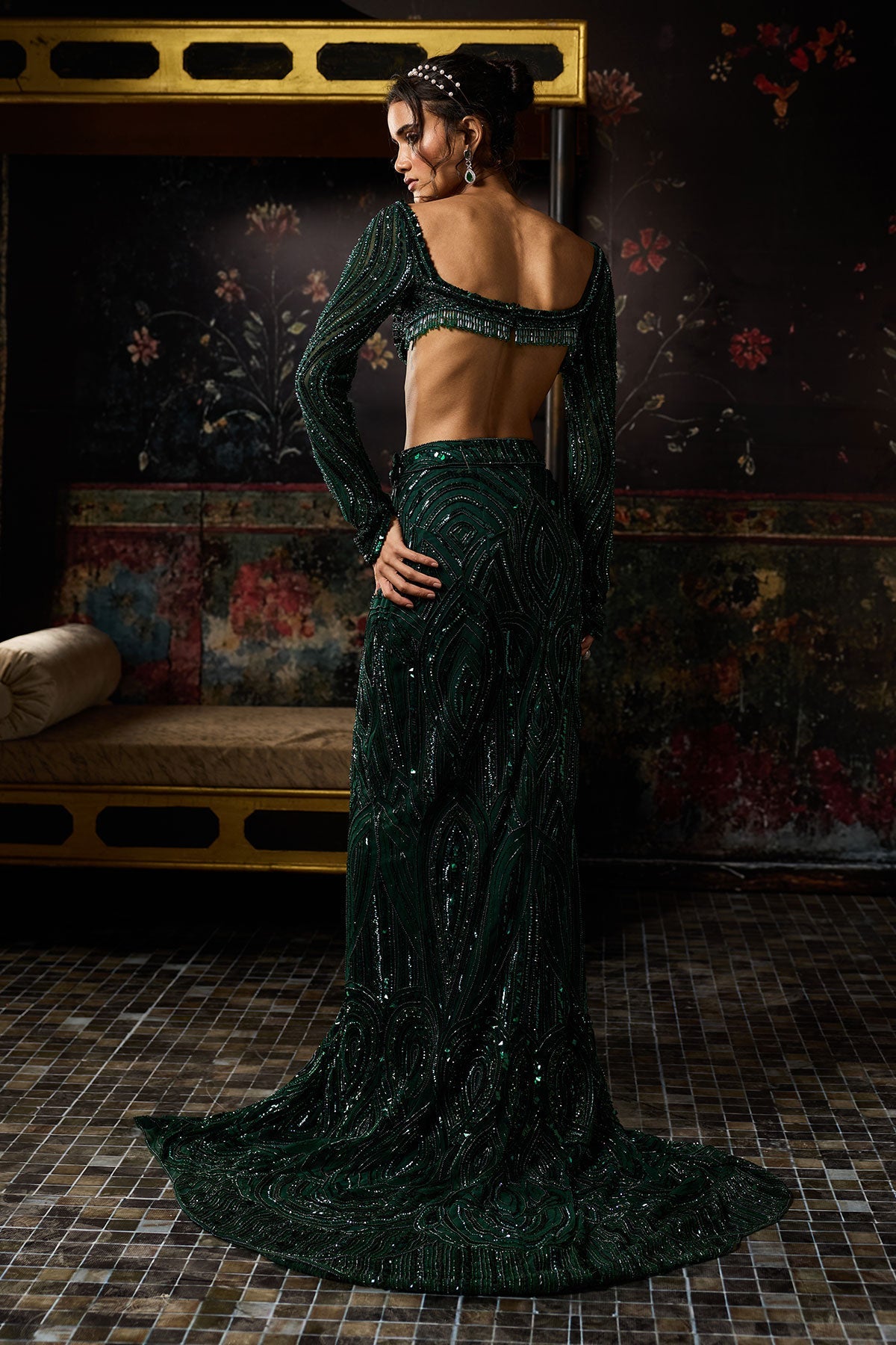 Emerald Green Embellished Slit Skirt Set