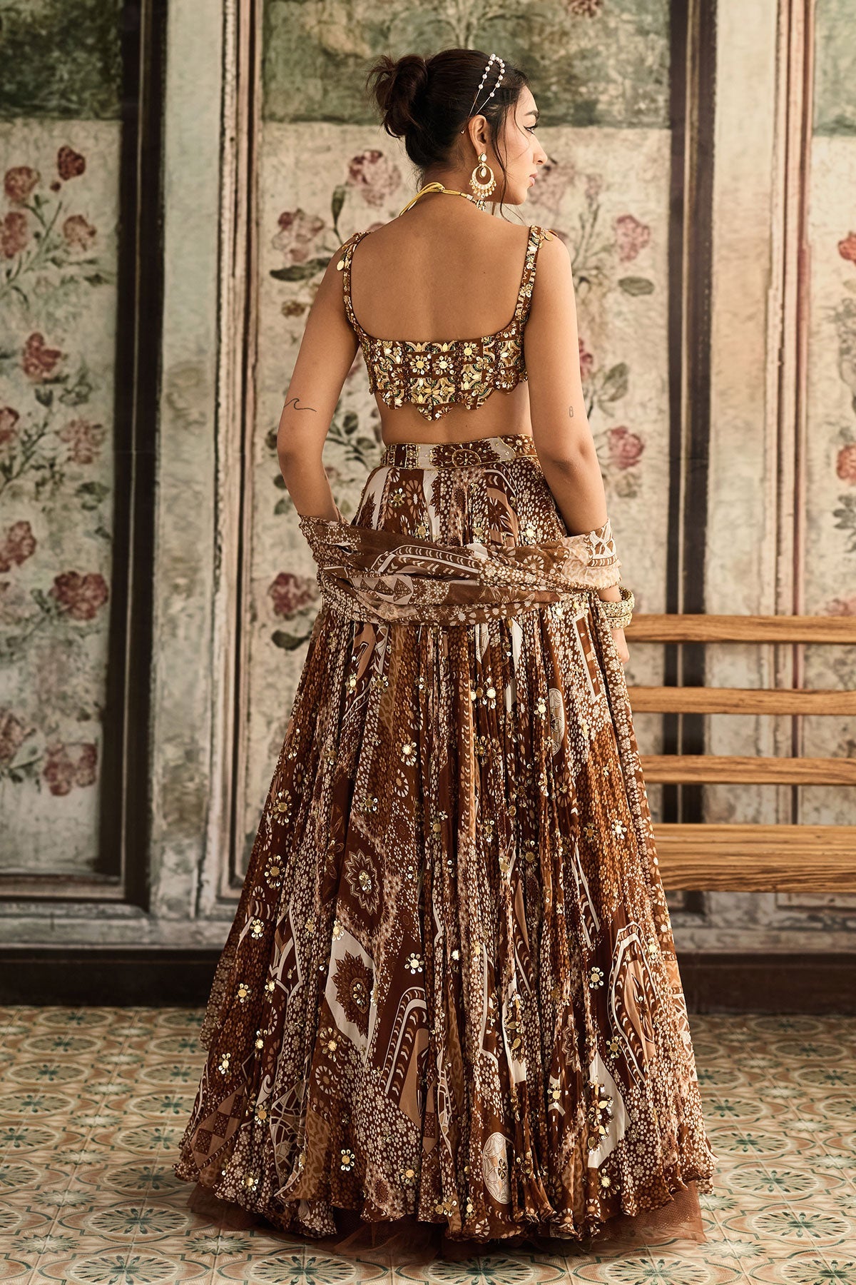 Caramel Print And Highlighted Scallop Blouse Lehenga Set