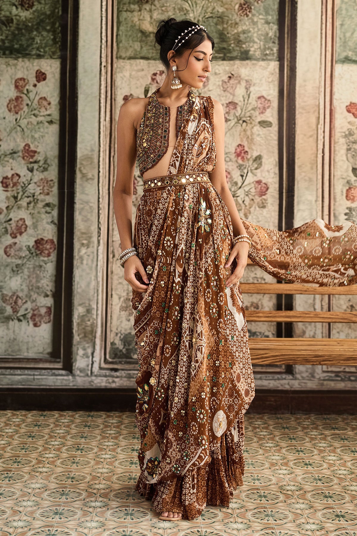 Caramel Embroidered Halter Blouse And Caramel Print & Highlighted Saree Set