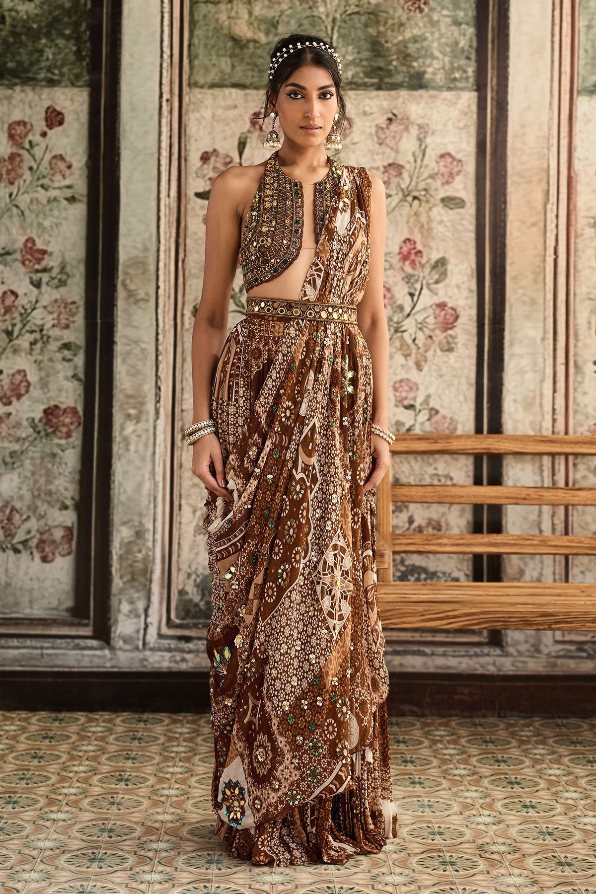 Caramel Embroidered Halter Blouse And Caramel Print & Highlighted Saree Set