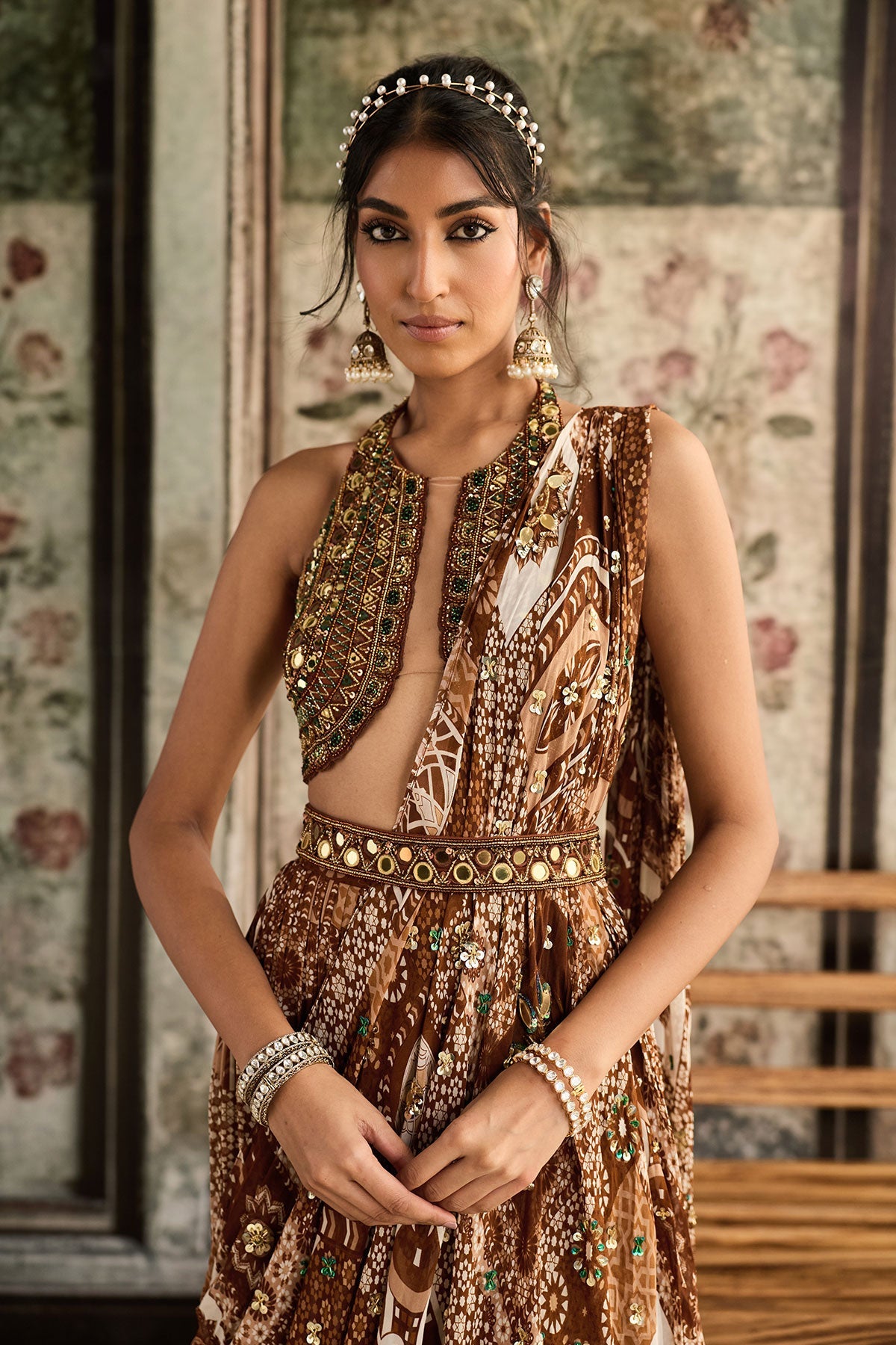 Caramel Embroidered Halter Blouse And Caramel Print & Highlighted Saree Set