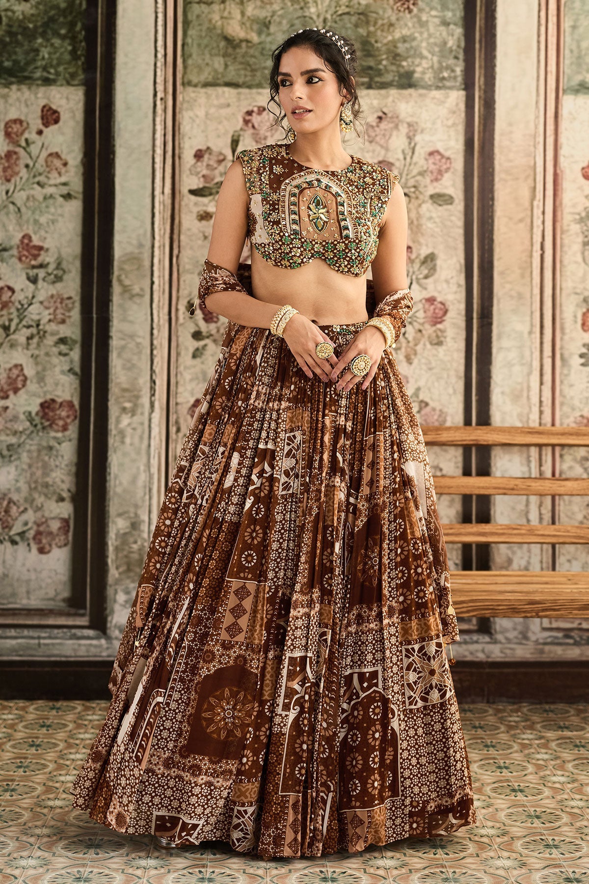 Caramel Print And Highlighted Blouse And Lehenga Set