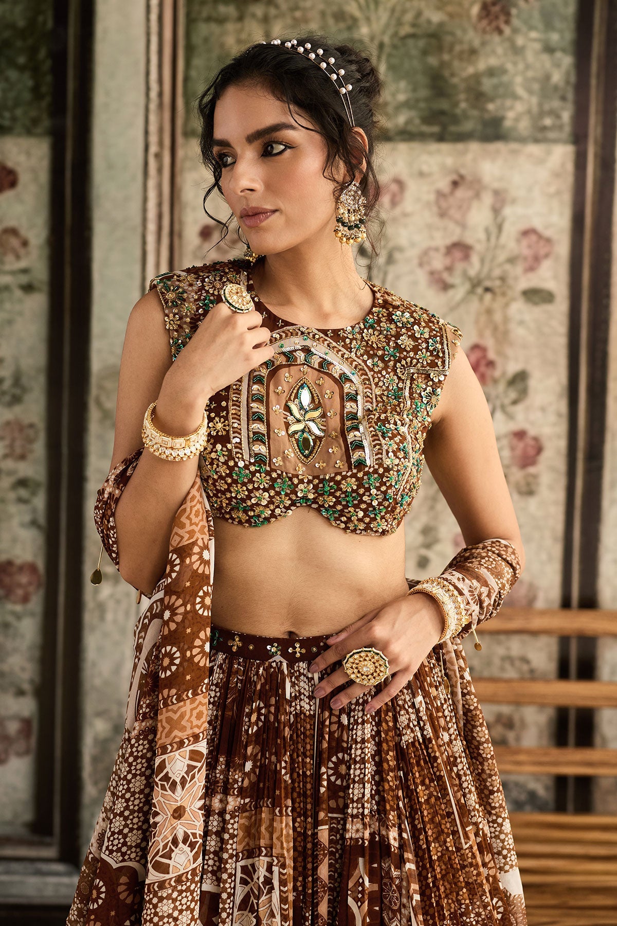 Caramel Print And Highlighted Blouse And Lehenga Set