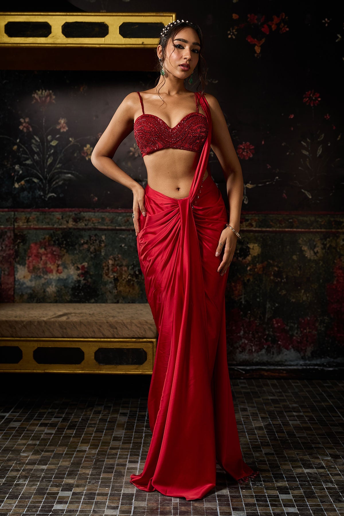 Red Embellished Blouse With Drape Skirt Saree Set