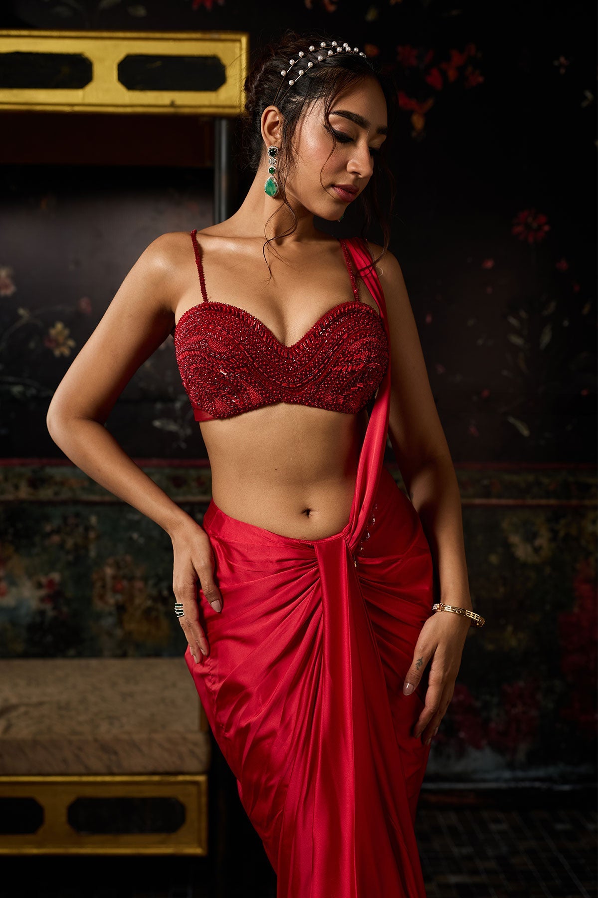 Red Embellished Blouse With Drape Skirt Saree Set