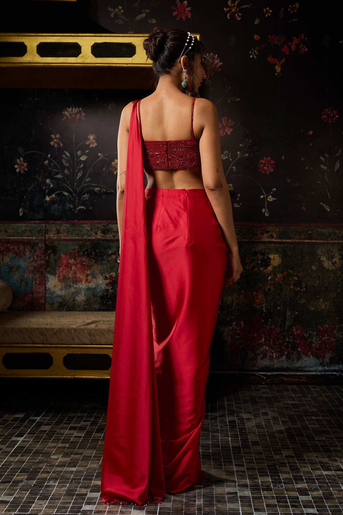 Red Embellished Blouse With Drape Skirt Saree Set