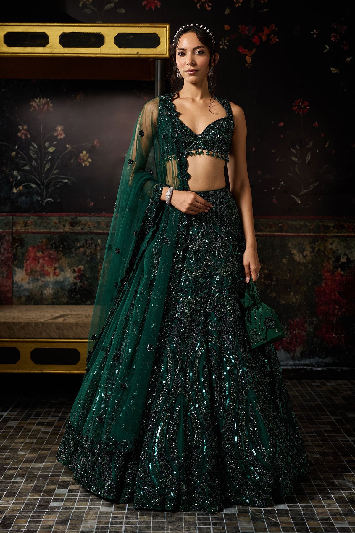 Emerald Green Embellished Lehenga Set