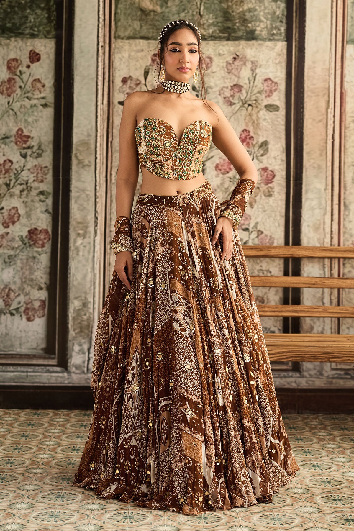 Caramel Print And Highlighted Corset Top With Lehenga Set