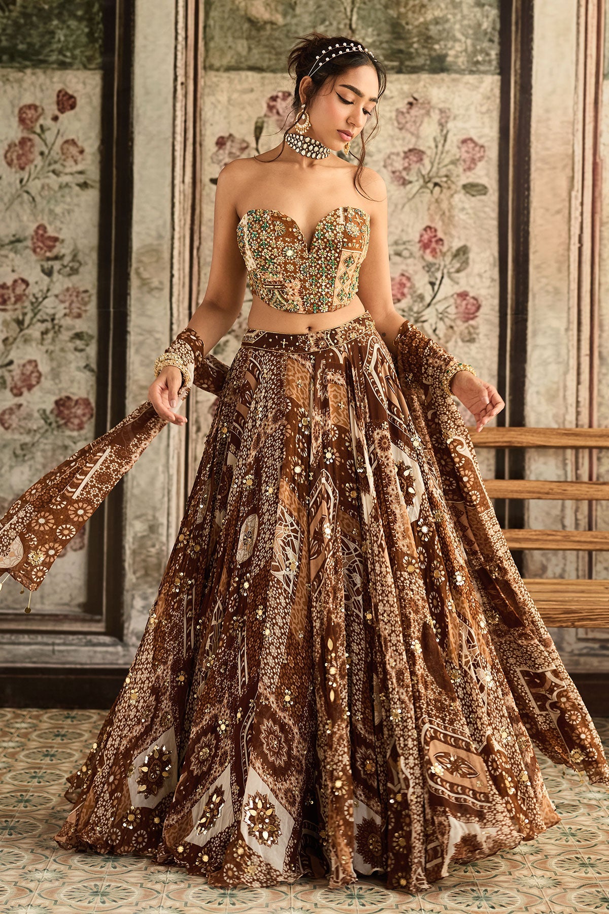 Caramel Print And Highlighted Corset Top With Lehenga Set