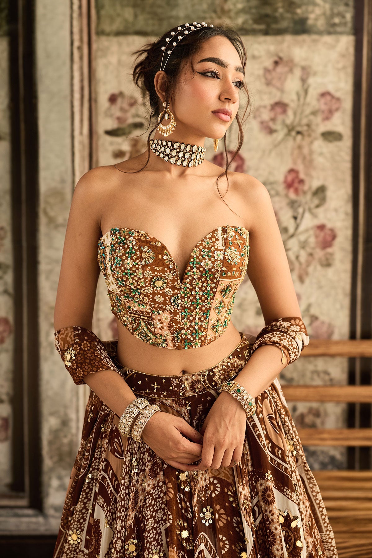 Caramel Print And Highlighted Corset Top With Lehenga Set
