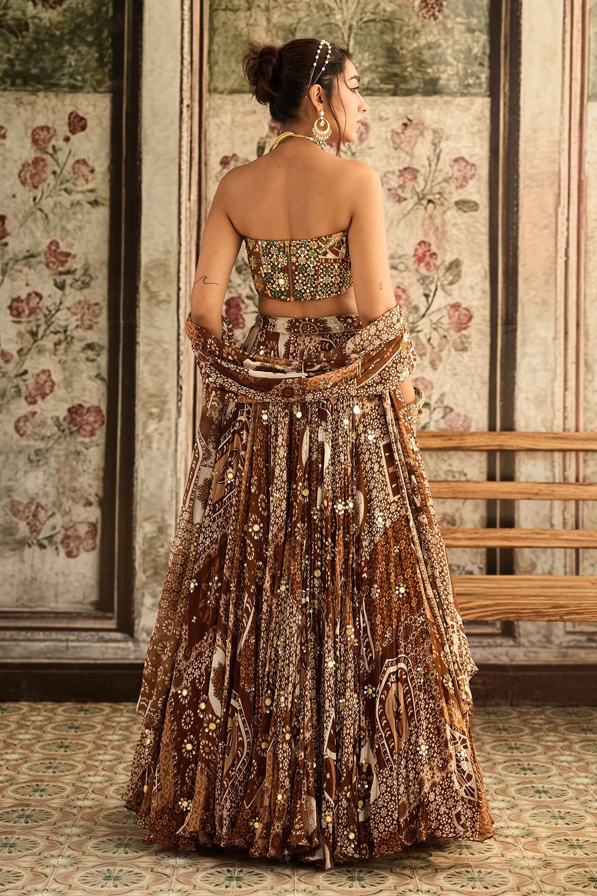 Caramel Print And Highlighted Corset Top With Lehenga Set