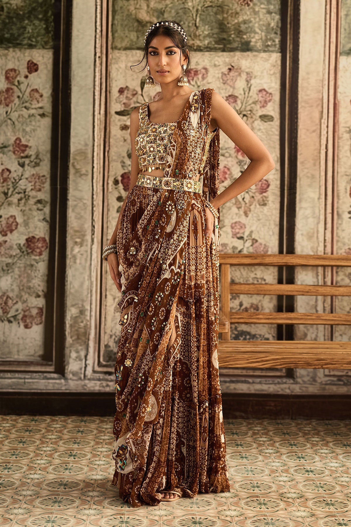Ivory Butta Print And Highlighted Square Neck Blouse With Caramel Print And Highlighted Tiered Skirt Saree Set