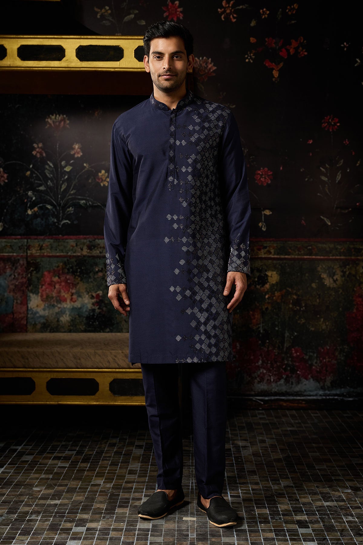 Dark Blue Embroidered Kurta & Pants
