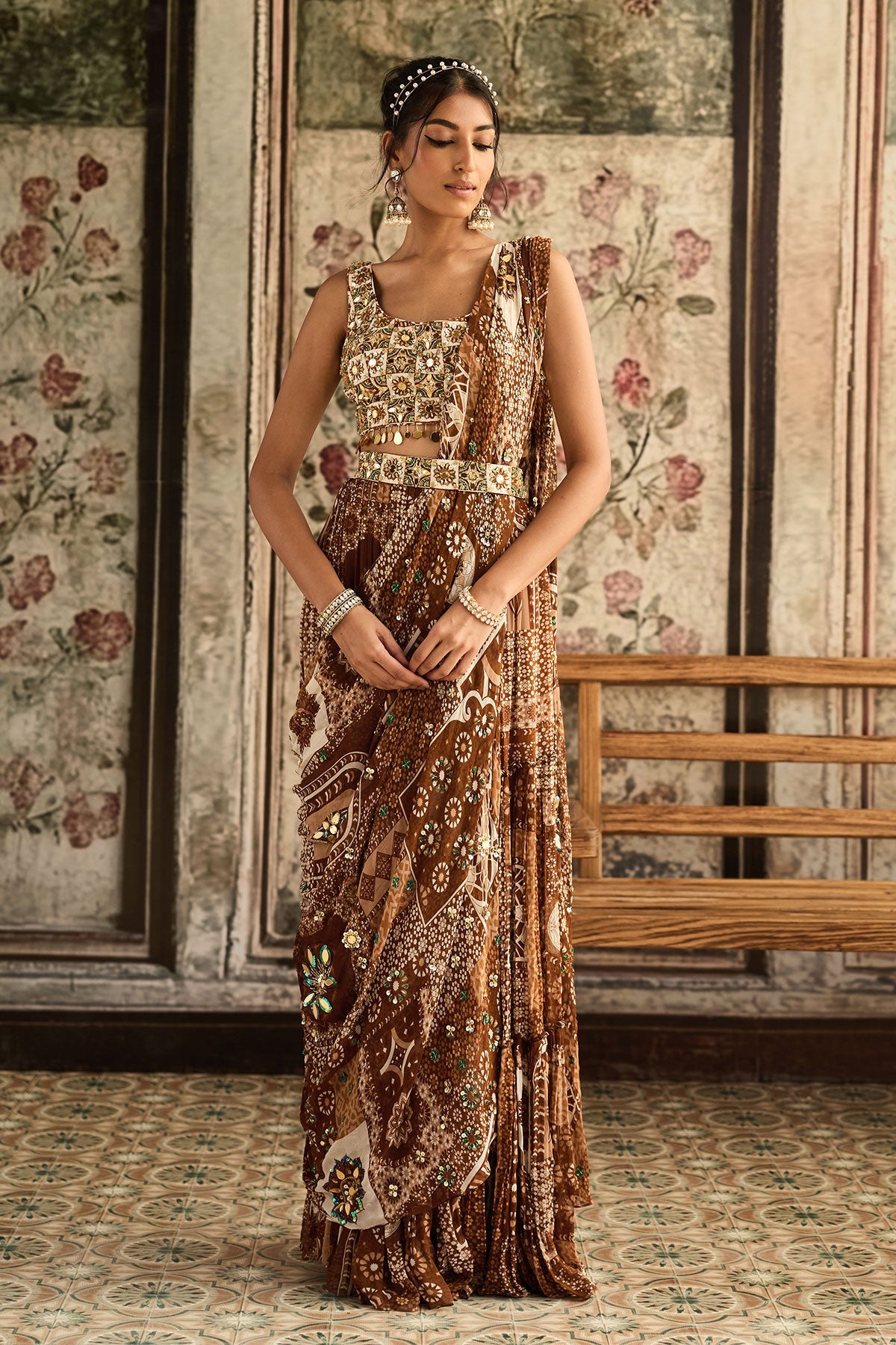 Ivory Butta Print And Highlighted Square Neck Blouse With Caramel Print And Highlighted Tiered Skirt Saree Set