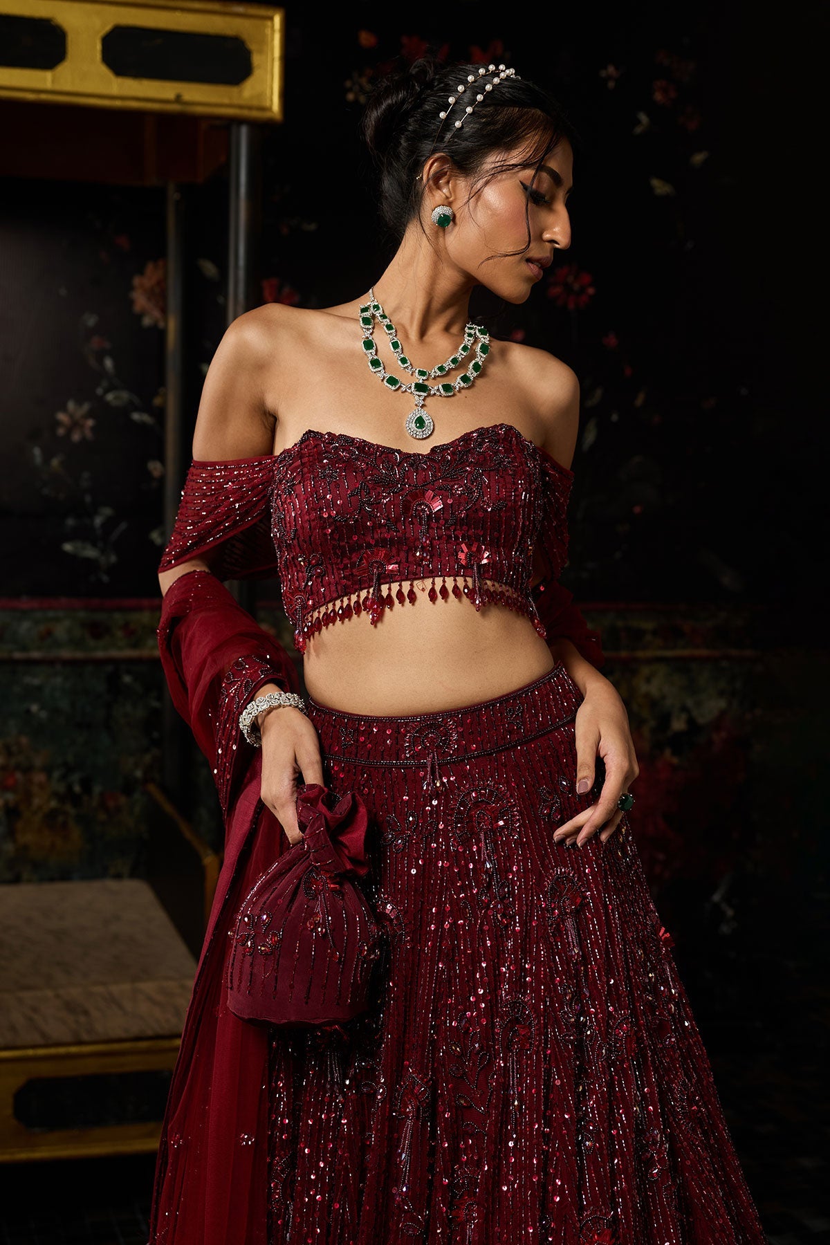 Maroon Embellished 3D Floral Lehenga Set
