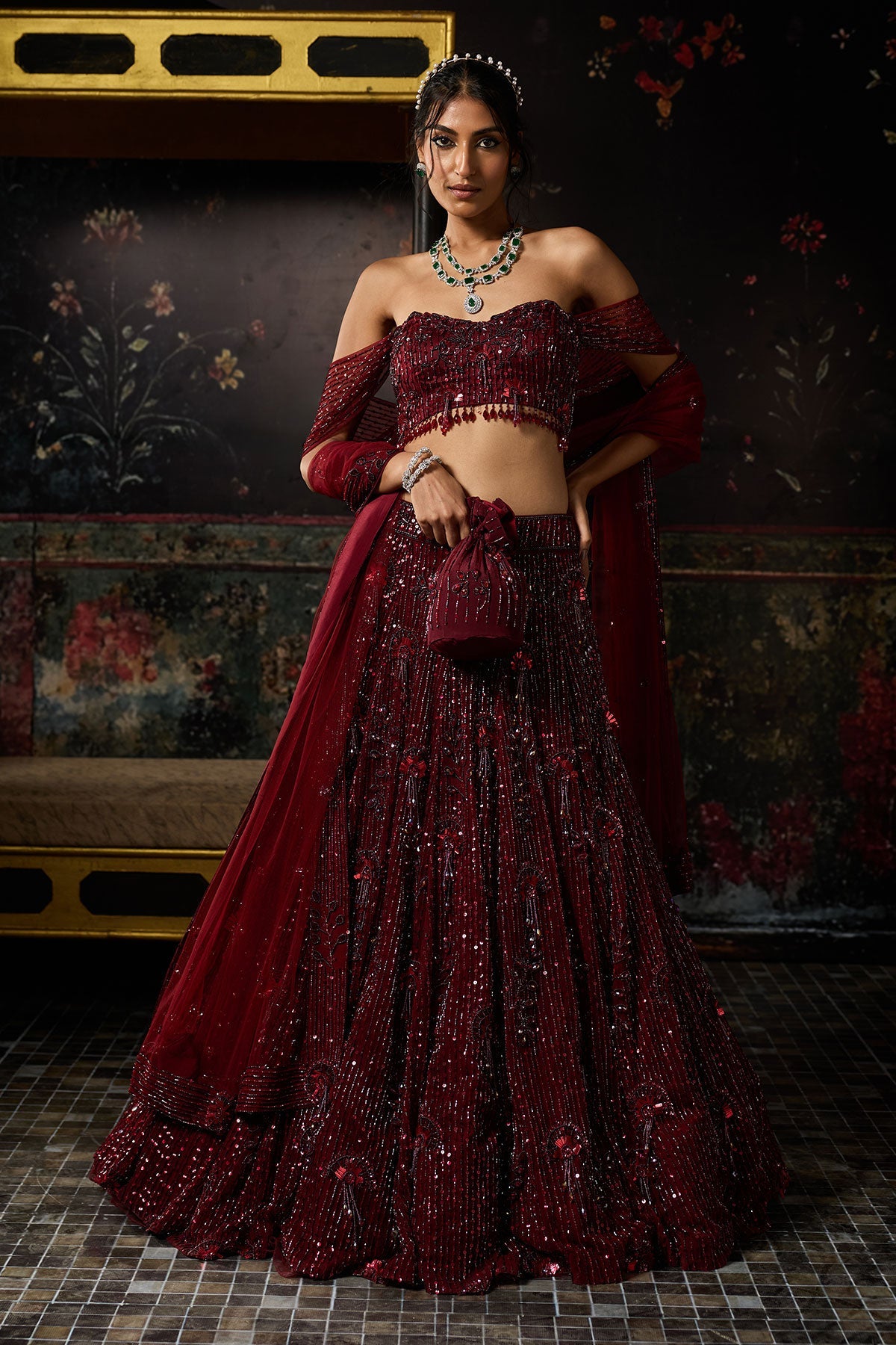 Maroon Embellished 3D Floral Lehenga Set