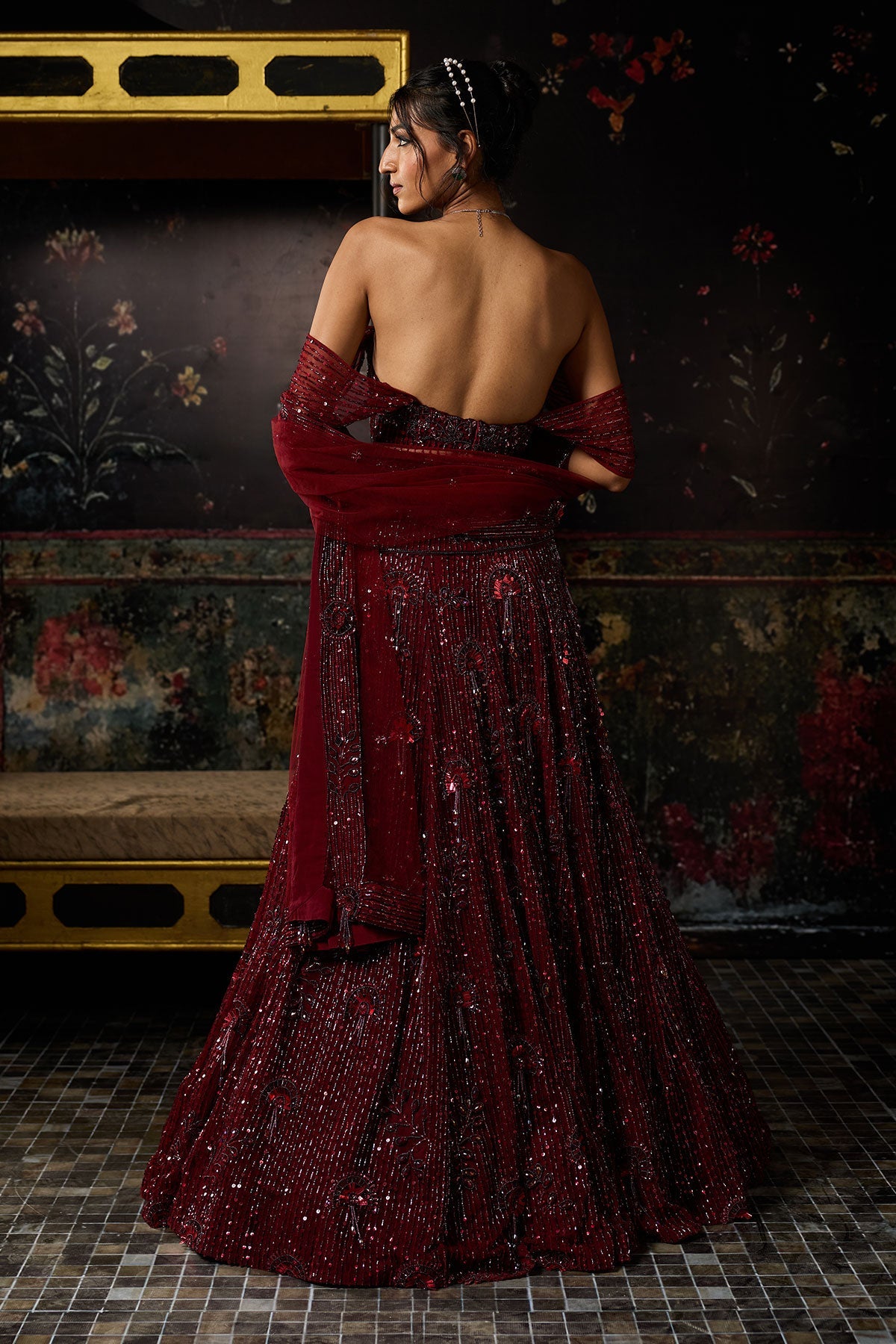 Maroon Embellished 3D Floral Lehenga Set