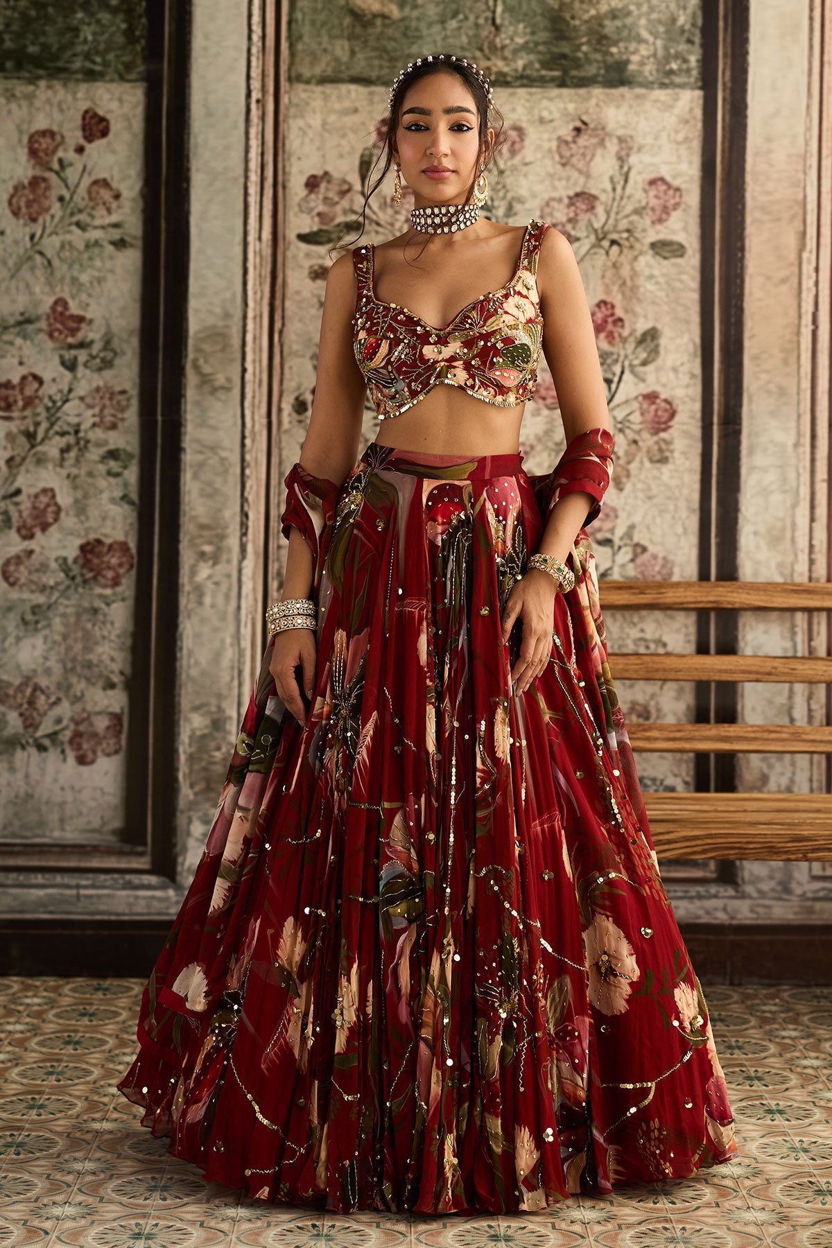 Red Floral Print And Highlighted Lehenga Set