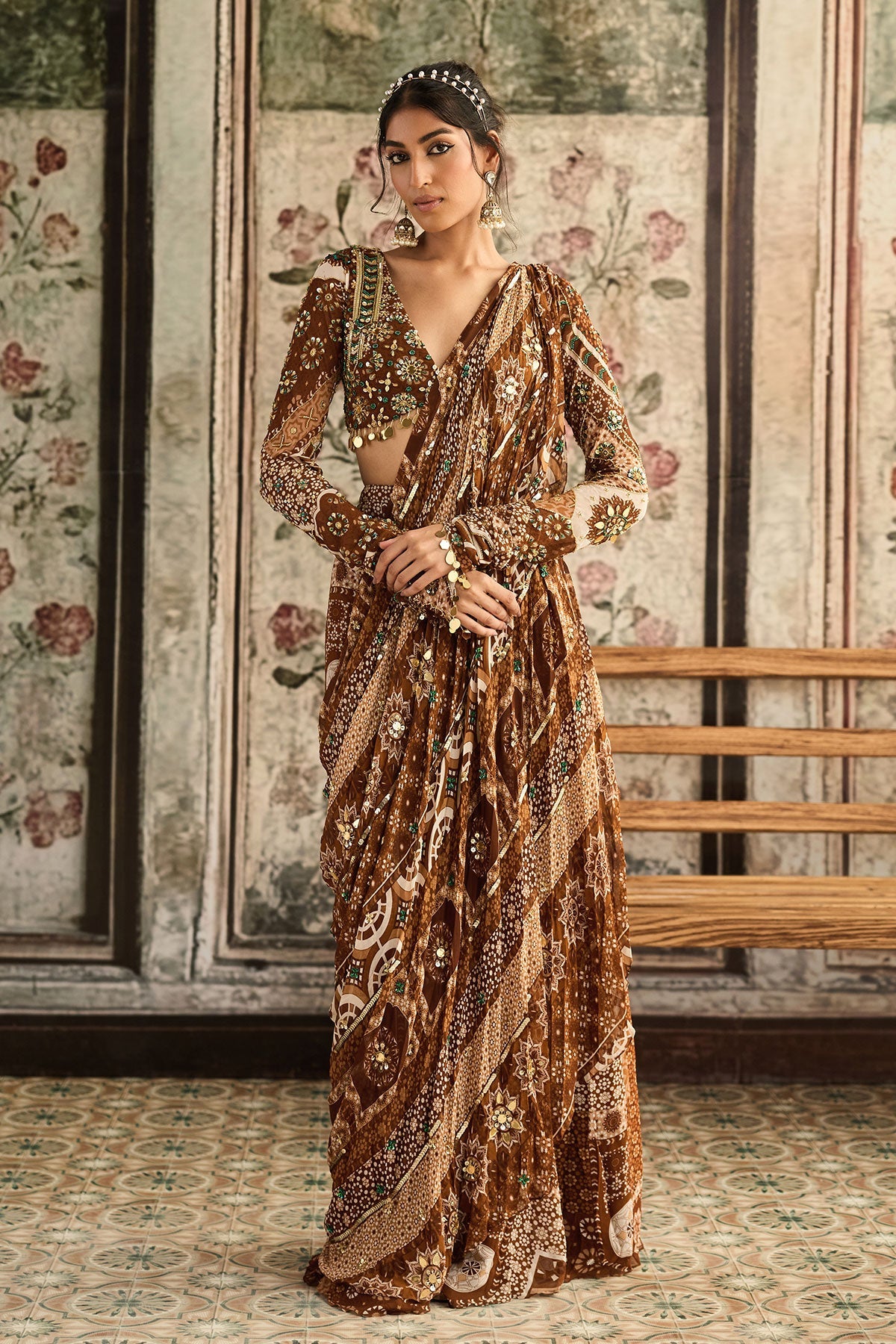 Caramel Print And Highlighted Plunge Neck Blouse With Sharara Saree Set