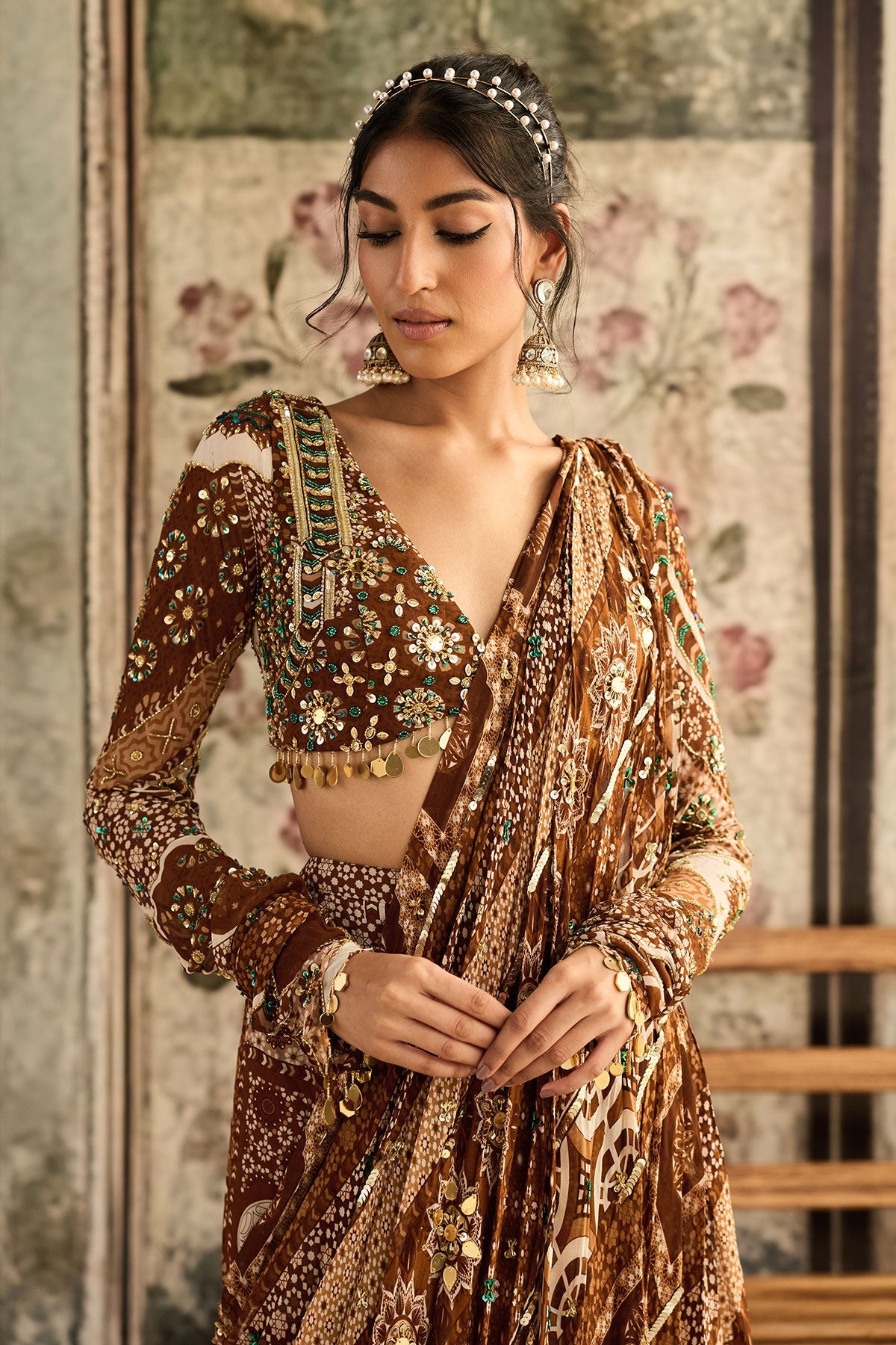 Caramel Print And Highlighted Plunge Neck Blouse With Sharara Saree Set