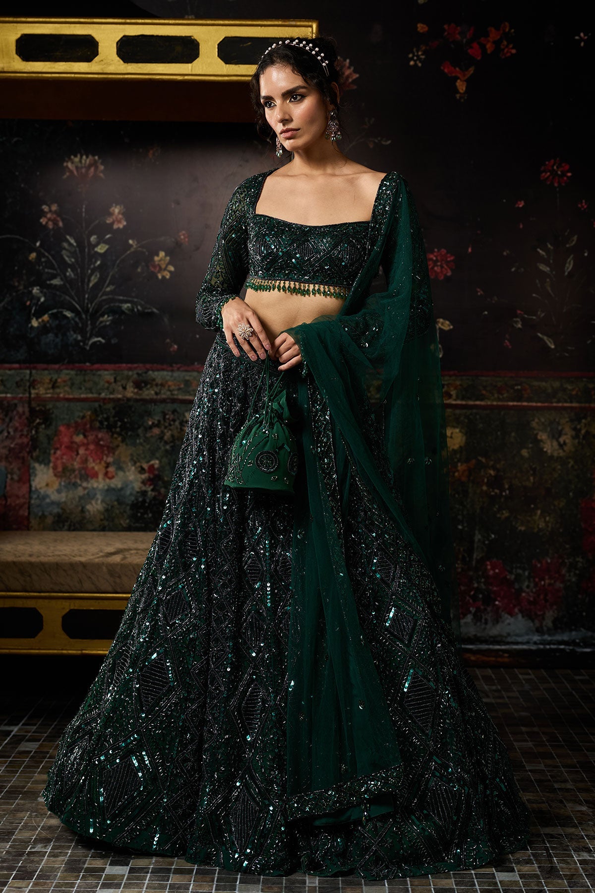 green emerald velvet dress Emerald Green Glam Lehenga main image 0