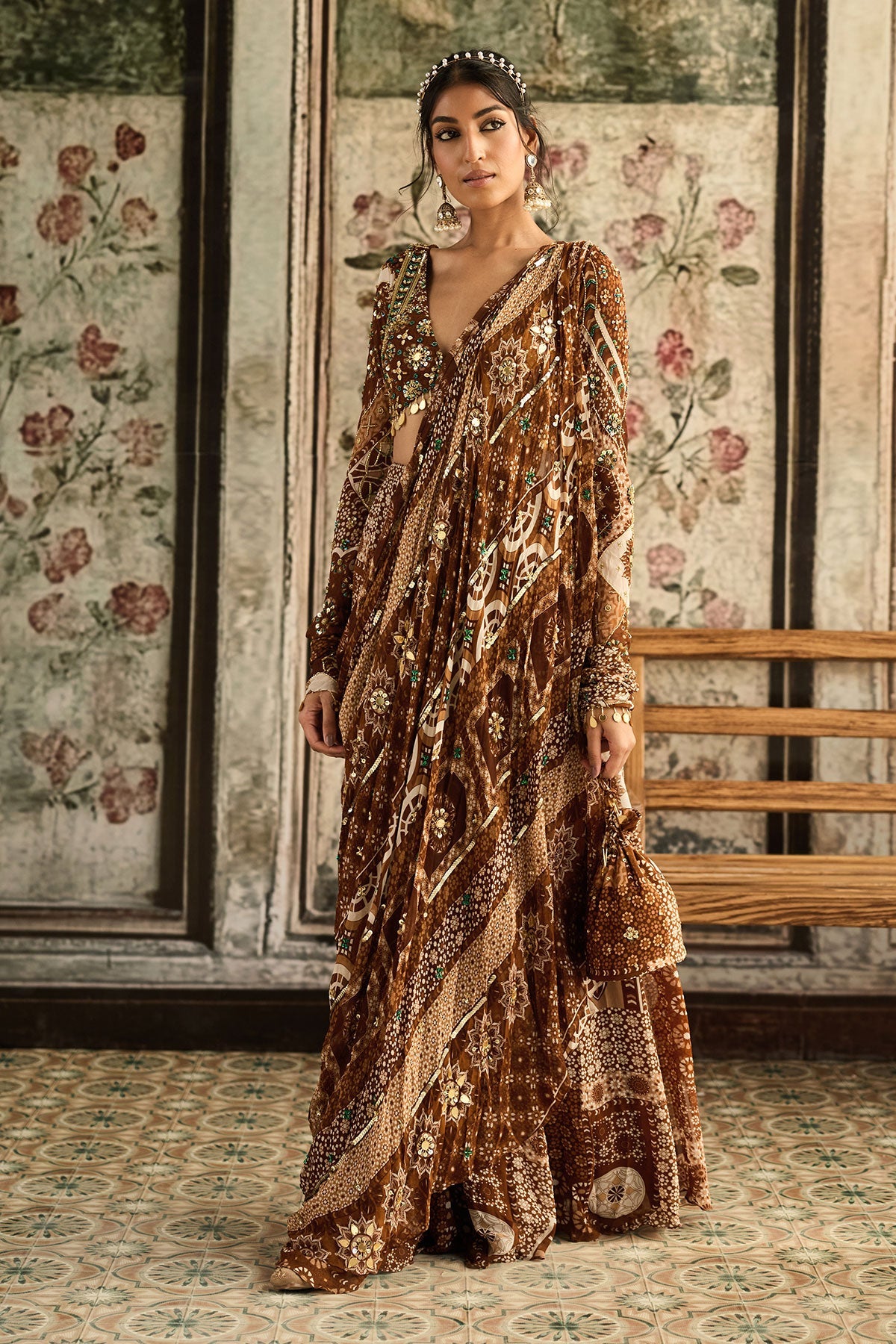 Caramel Print And Highlighted Plunge Neck Blouse With Sharara Saree Set
