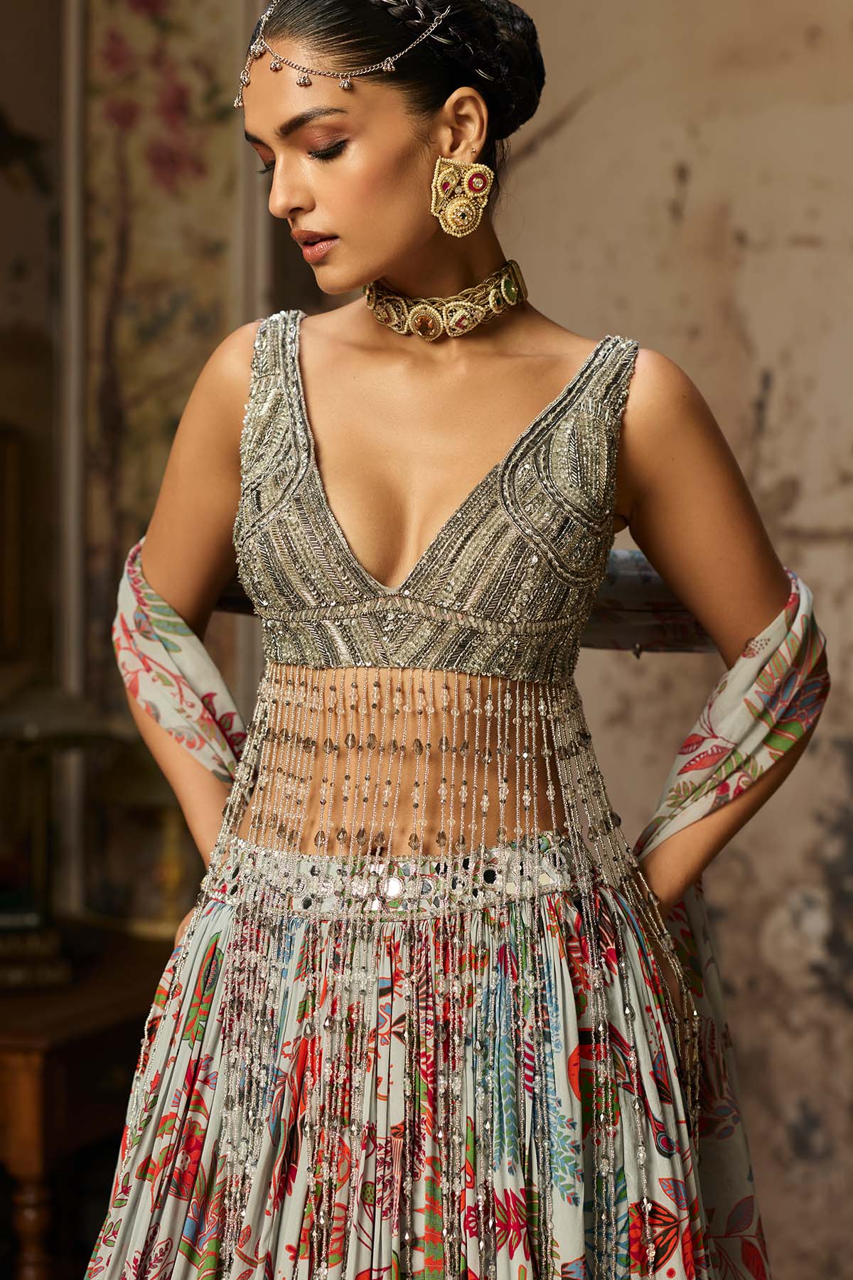 SLATE GREY EMBROIDERED BLOUSE AND PRINTED LEHENGA SET