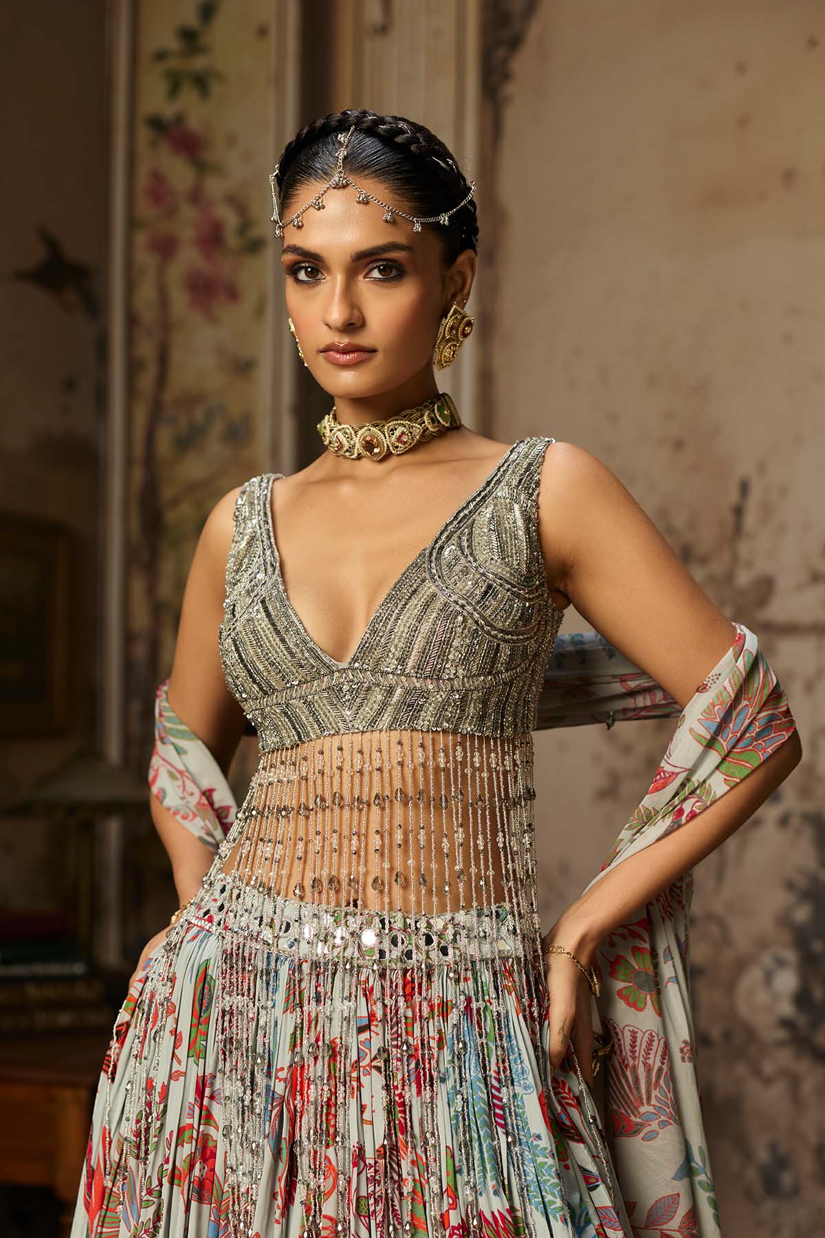 SLATE GREY EMBROIDERED BLOUSE AND PRINTED LEHENGA SET