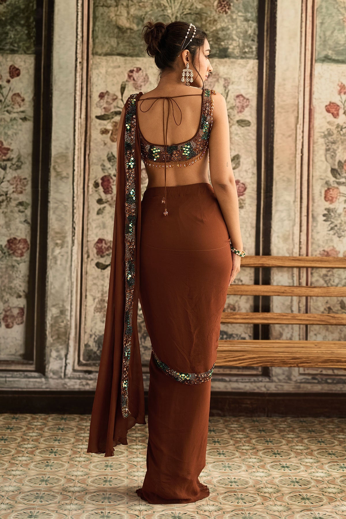 Caramel Embroidered Pre-Draped Saree Set