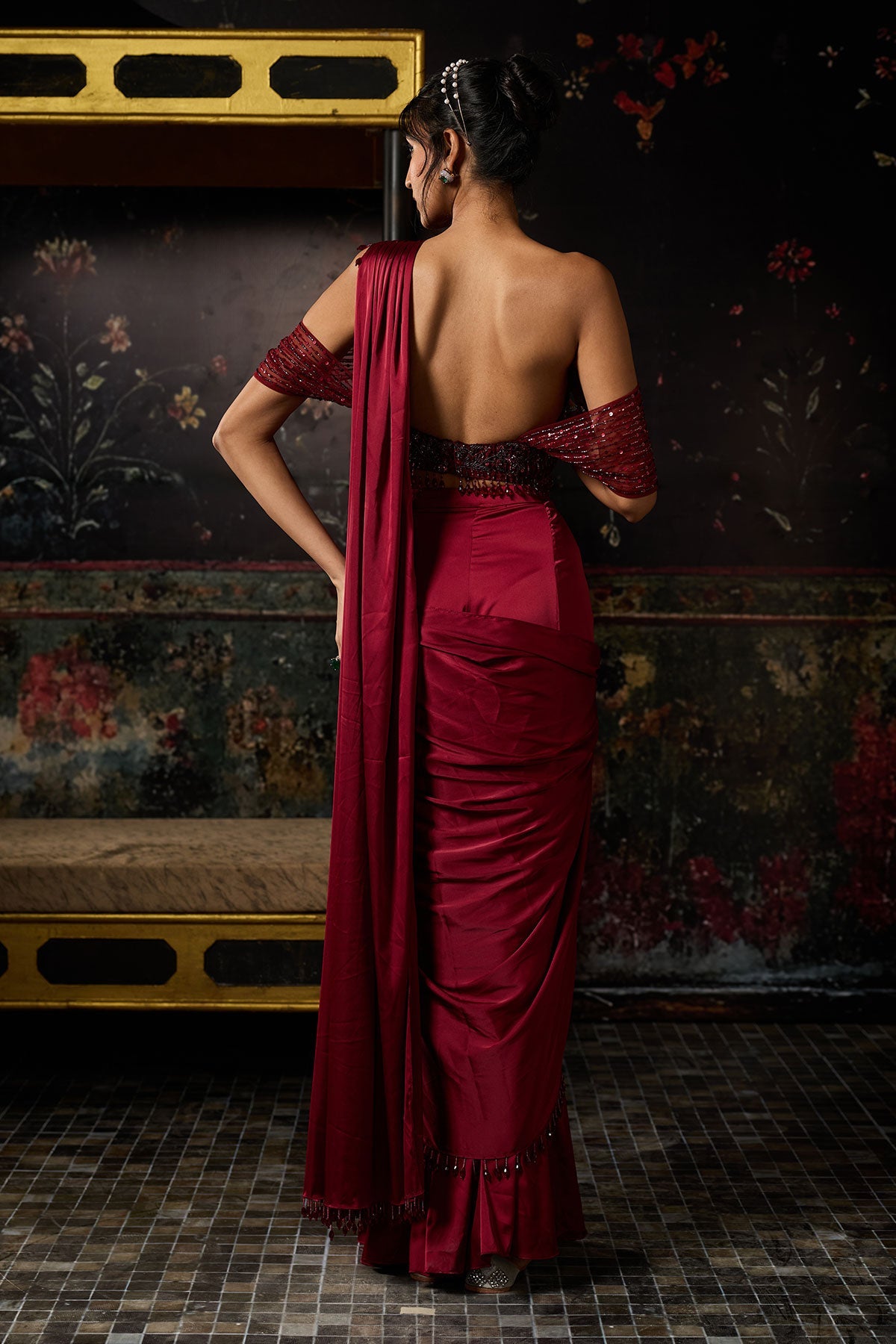 Maroon Embellished Sharara Saree Set