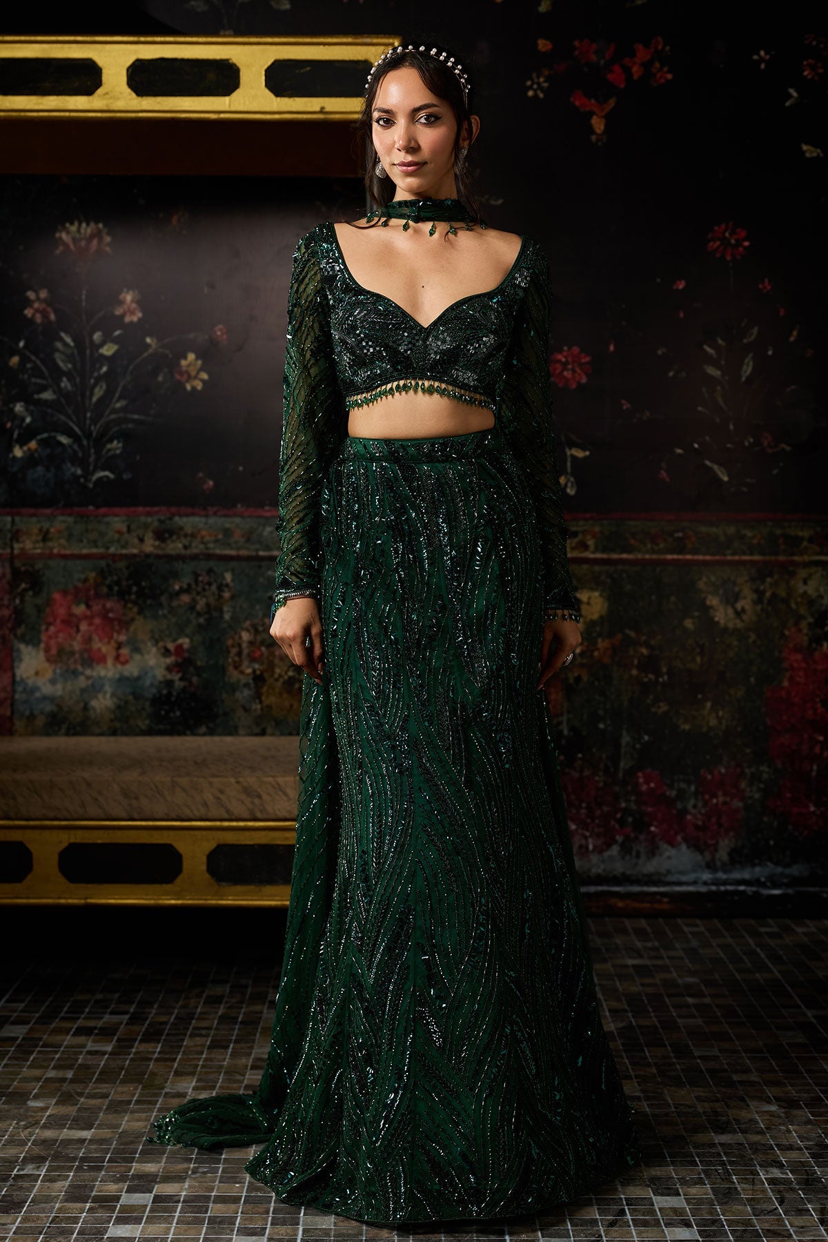 Emerald Green Embellished Mermaid Skirt Set