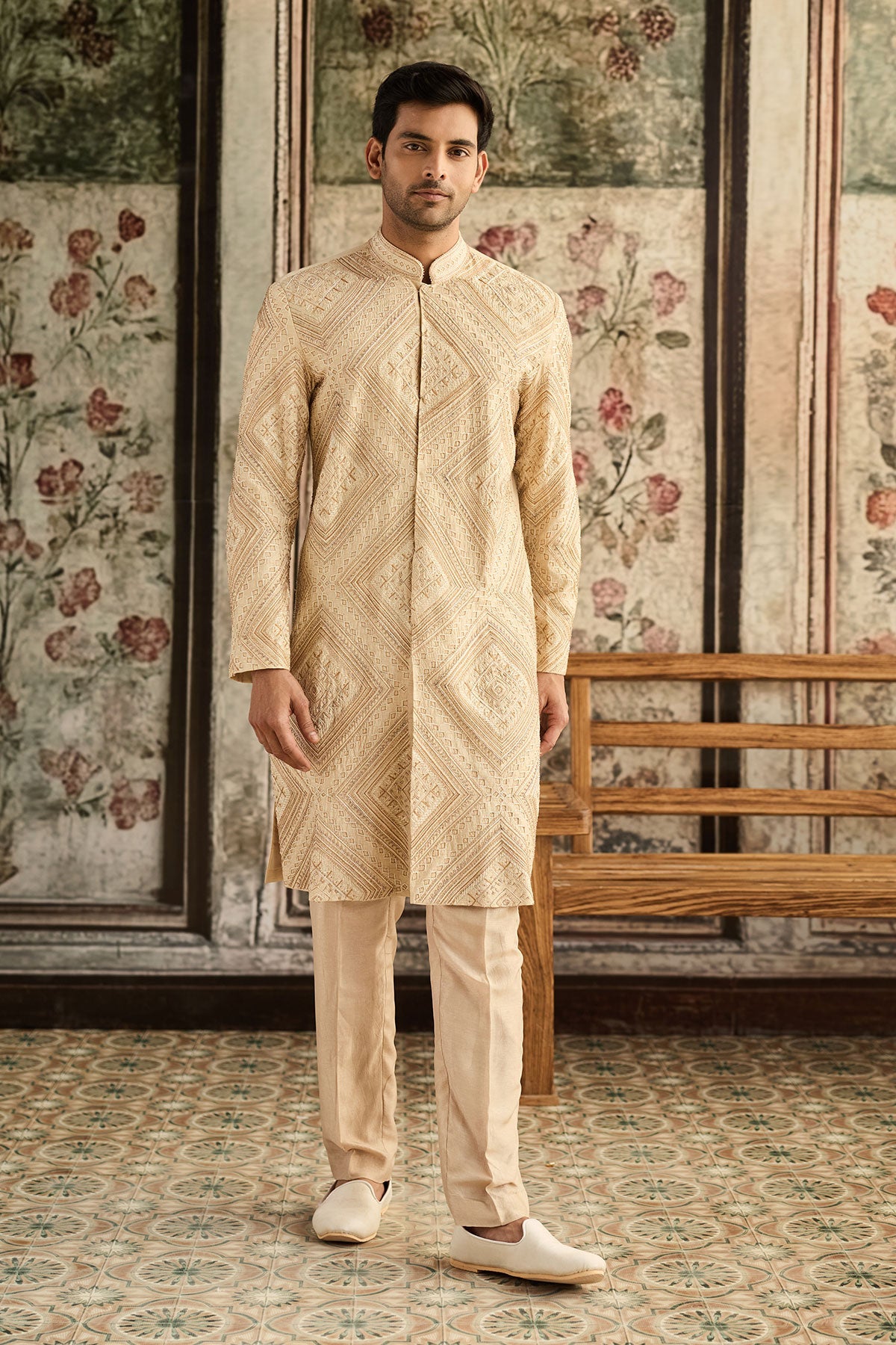 Beige Embroidered Jacket & Pants