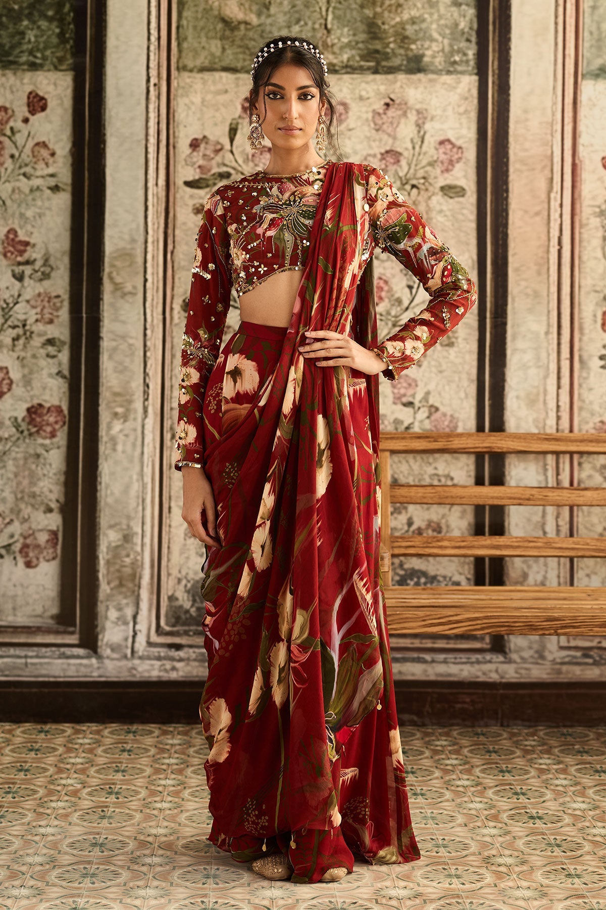 Red Floral Printed Skirt Saree Set