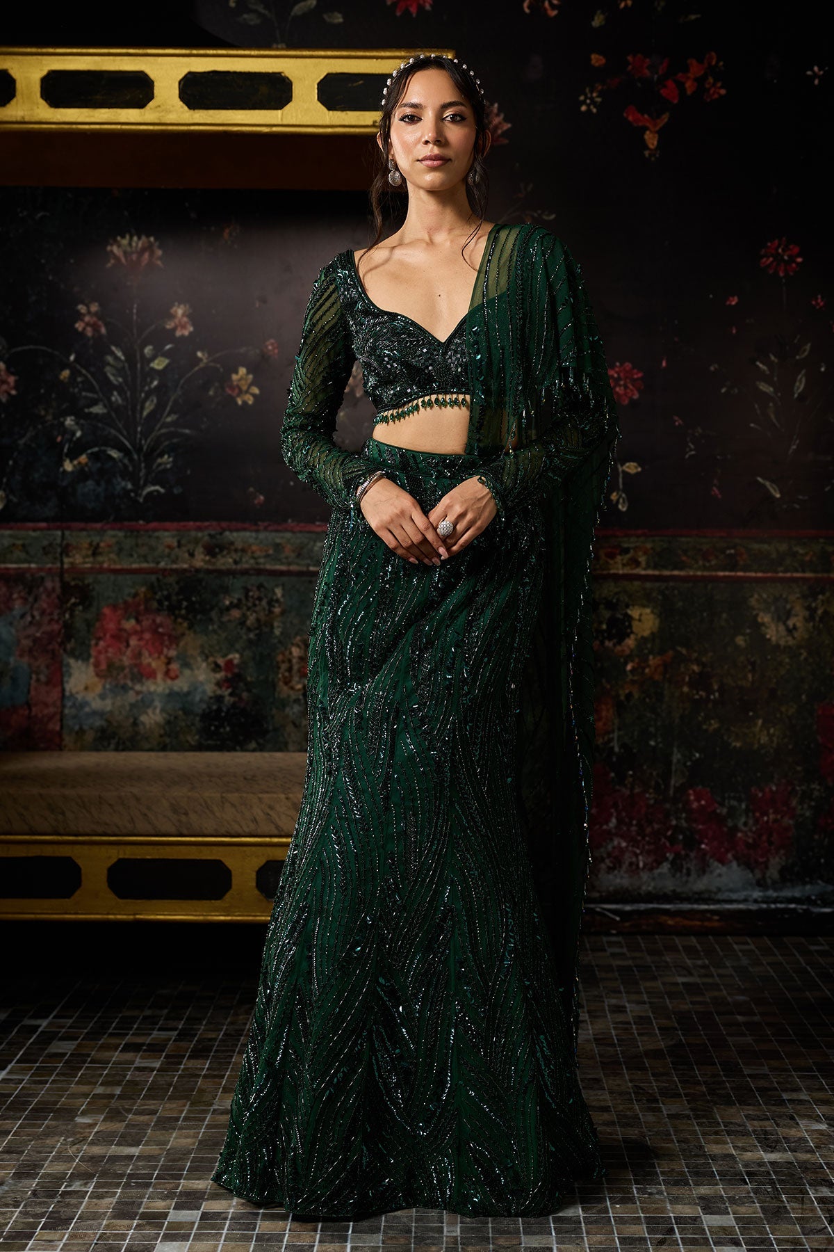 Emerald Green Embellished Mermaid Skirt Saree Set