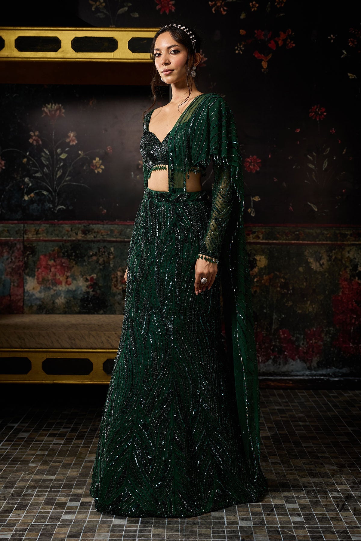 Emerald Green Embellished Mermaid Skirt Saree Set