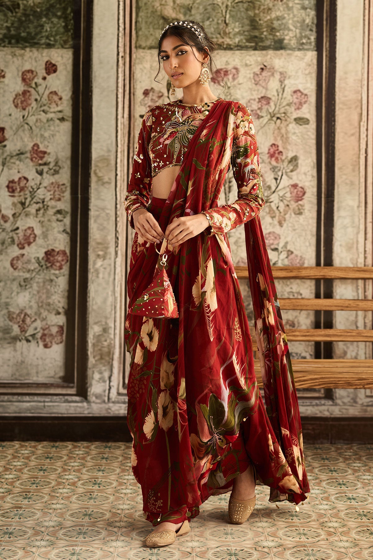 Red Floral Printed Skirt Saree Set