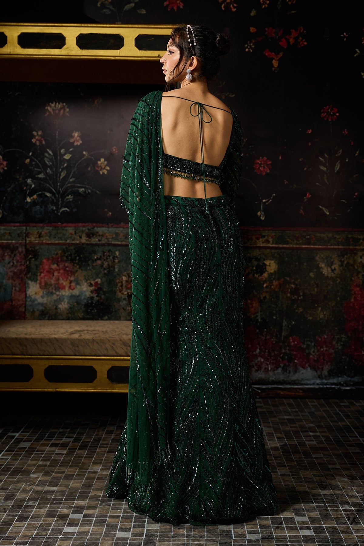 Emerald Green Embellished Mermaid Skirt Saree Set