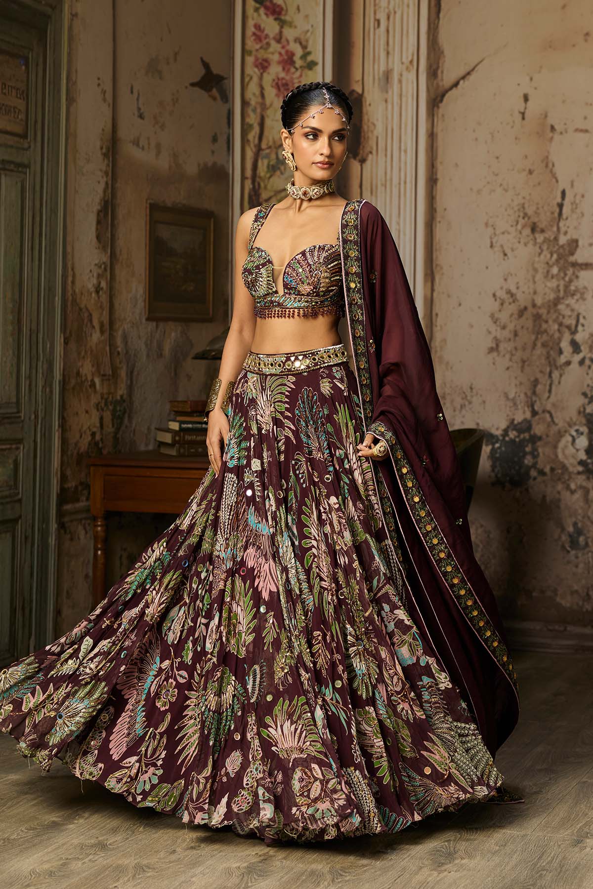PLUM PRINTED AND HIGHLIGHTED LEHENGA SET