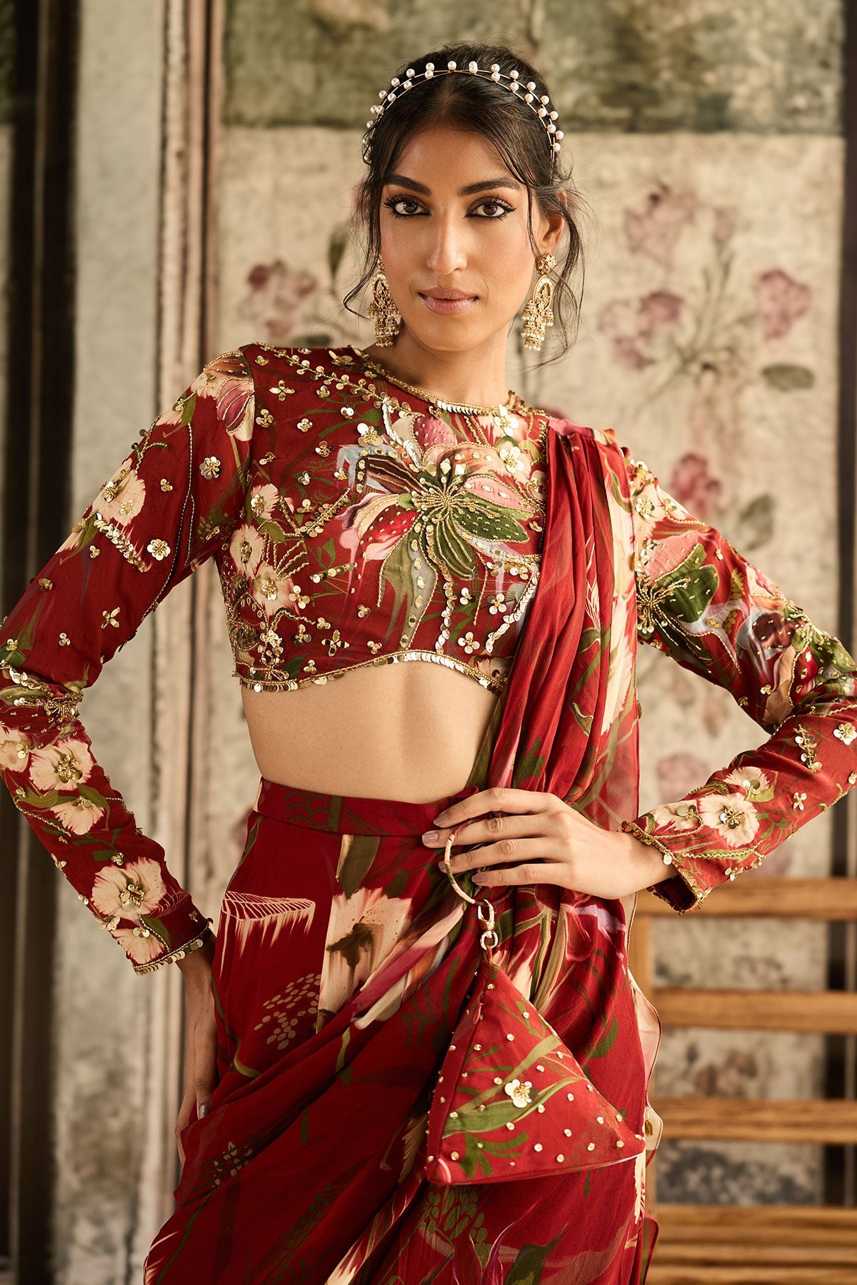 Red Floral Printed Skirt Saree Set