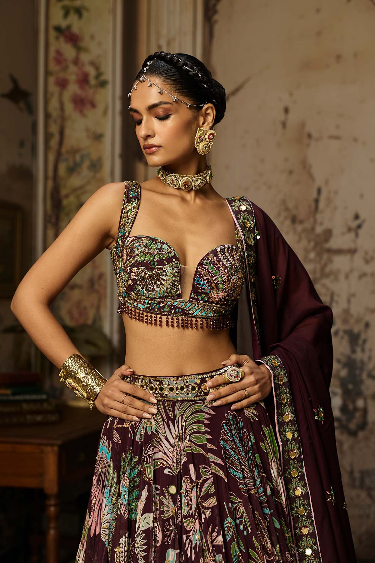 PLUM PRINTED AND HIGHLIGHTED LEHENGA SET
