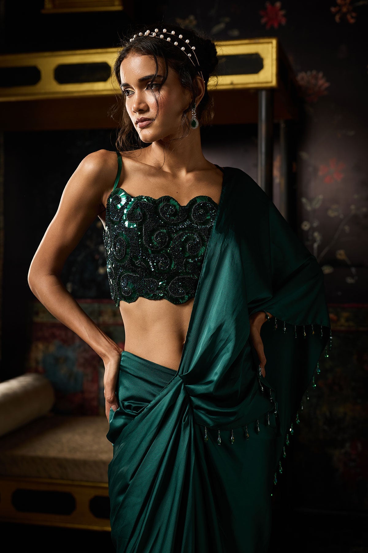 Emerald Green Embellished Dhoti Skirt Saree Set