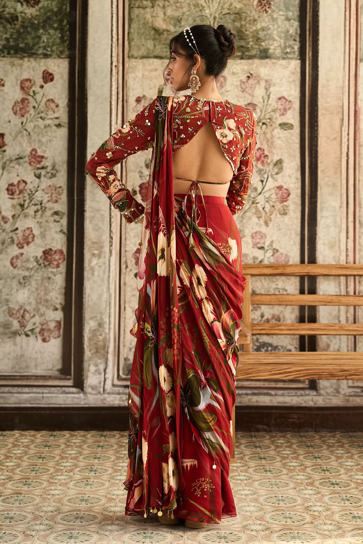 Red Floral Printed Skirt Saree Set